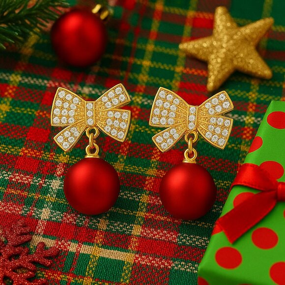 🆕️Holiday Red Ornament Bow Tie Earrings Sparkling Zircon Festive Jewelry Gift - Picture 7 of 16